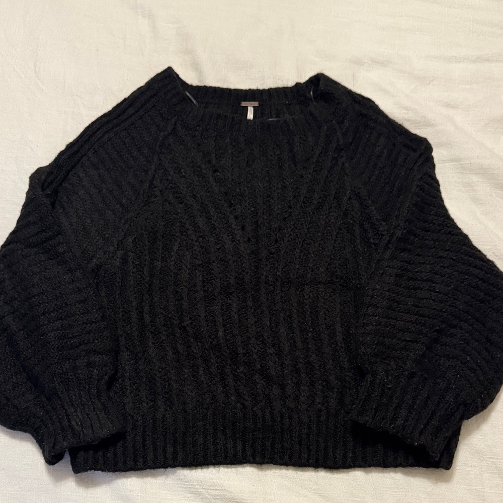 Free People Black Ribbed Crewneck Sweater